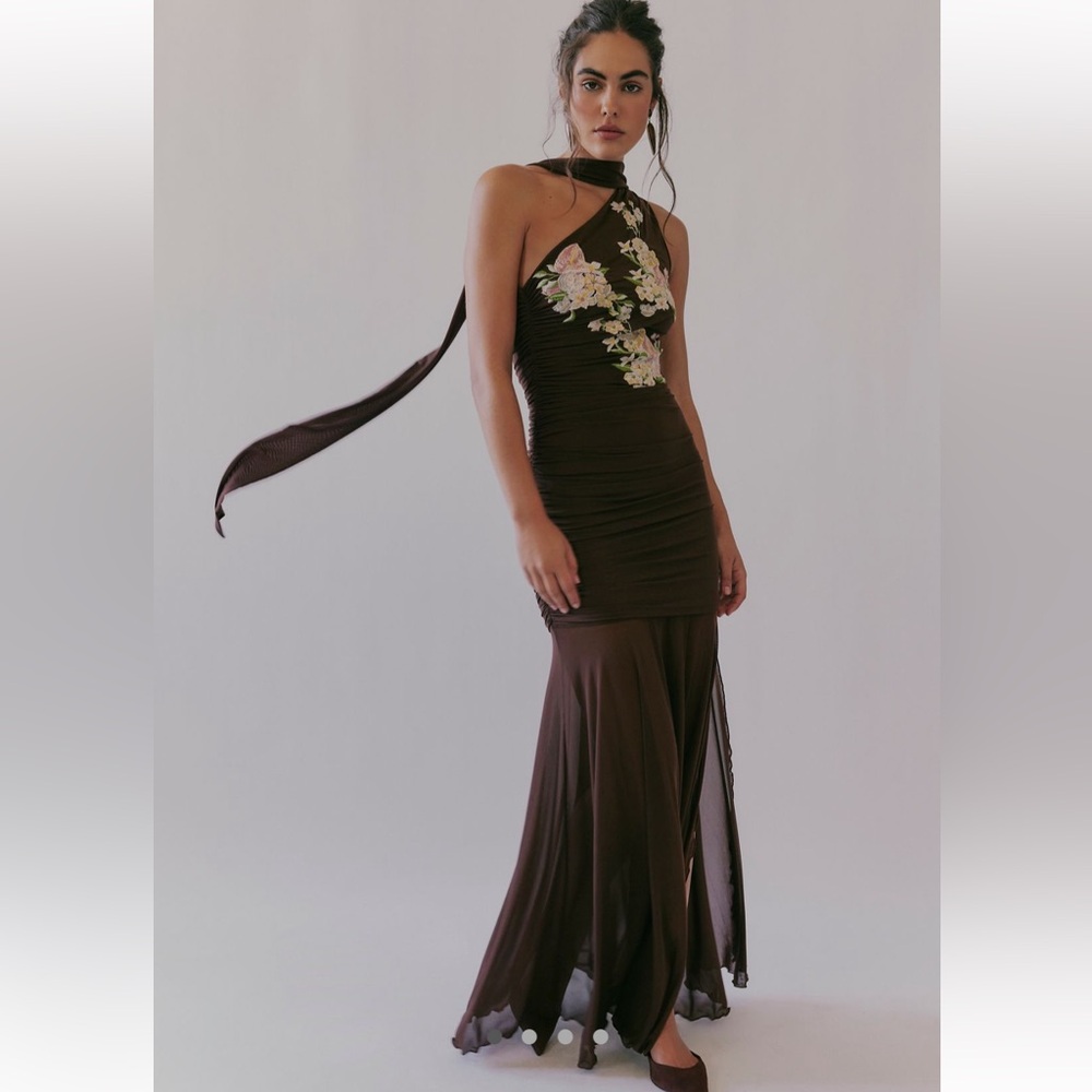 Free People One Shoulder Brown Dress with Floral Accents